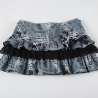 BUNO-minifalda de encaje en contraste, estilo gótico, detalle de lazo, cintura baja, estampado Floral, faldas cortas acampanadas, trajes de calle Y2K - details 7
