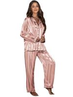 Conjunto de 2 piezas de manga larga a rayas para mujer, pijama de satén primavera/verano, pijama holgado para el hogar - details 7