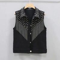 Chaqueta corta para mujer, novedad de 2023, chaleco vaquero con borlas, encaje blanco y negro con una hilera de botones, chaqueta sin mangas - details 2