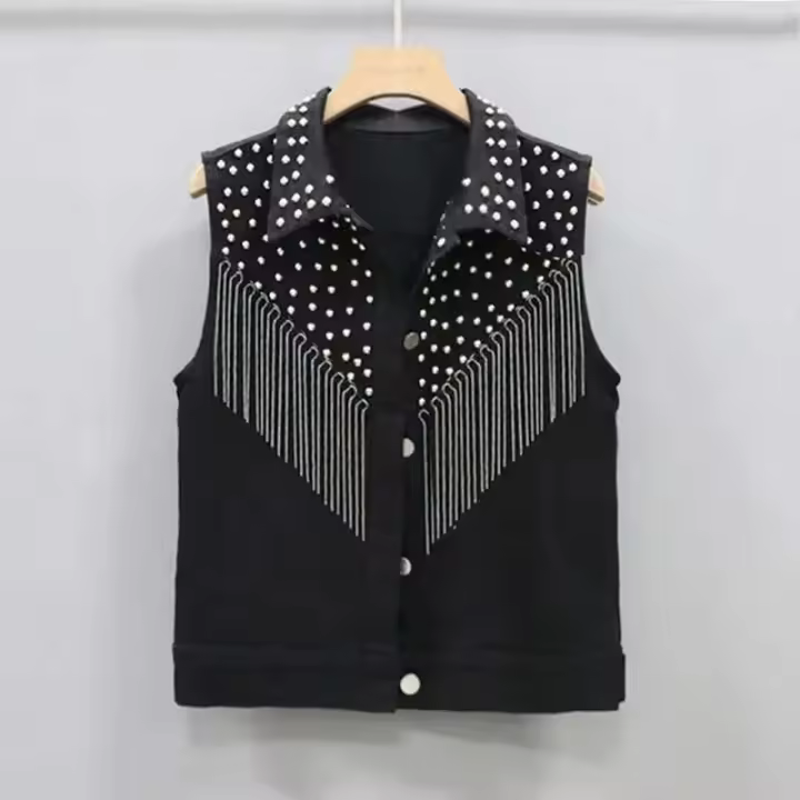 Chaqueta corta para mujer, novedad de 2023, chaleco vaquero con borlas, encaje blanco y negro con una hilera de botones, chaqueta sin mangas - 1