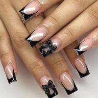 24 piezas de uñas cortas con lazo de almendra, perlas blancas y negras, puntas francesas dulces, uñas postizas artificiales - details 0