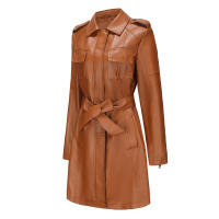 Gabardina cortavientos de piel sintética para mujer, chaquetas con cinturón, abrigo largo medio - details 39