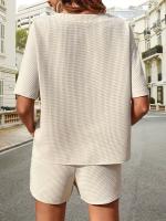 Traje de verano de dos piezas para mujer, conjuntos informales de Jersey, Tops y pantalones cortos, Beige S - details 5