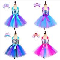 Vestido de sirena para niñas, vestido de fiesta de princesa de Halloween, falda tutú de tul de malla arcoíris, escala de pez de lentejuelas tres - details 20