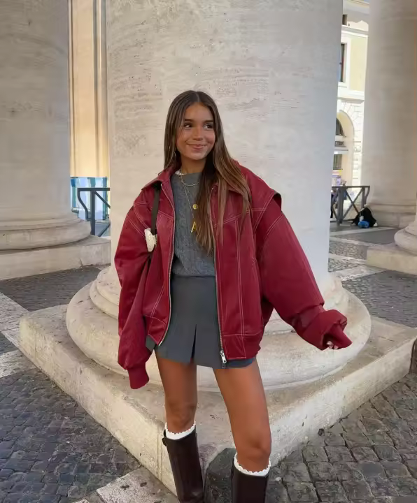 Chaqueta de cuero con cremallera para mujer, abrigo recortado de manga larga con solapa, color rojo vino, Vintage, moda de otoño - 1