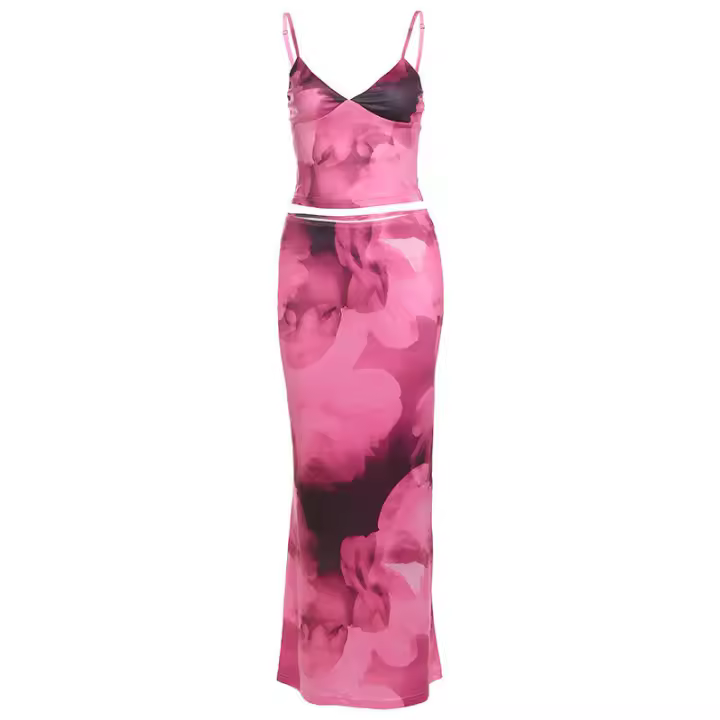 BUNO-Conjunto de 2 piezas con estampado Tie-Dye de gato extraño para mujer, moda Hipster Y2K, camisola elegante con cuello en V + faldas Maxi, ropa de calle a juego - 1