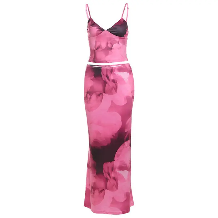 BUNO-Conjunto de 2 piezas con estampado Tie-Dye de gato extraño para mujer, moda Hipster Y2K, camisola elegante con cuello en V + faldas Maxi, ropa de calle a juego - 1