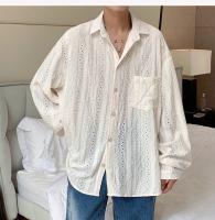 Camisas para hombres albaricoque guapo solapa hombres blusa vacaciones ahueca hacia fuera la moda Sexy hombres ropa masculina malla camisas de manga larga - details 5
