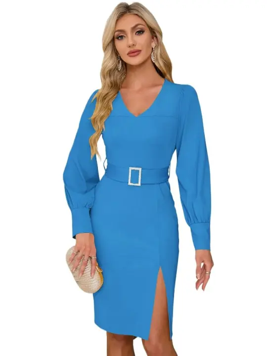 Vestido Ajustado Corset de Midi Línea A Cuello en V Manga Larga Diseño Curvy - 1
