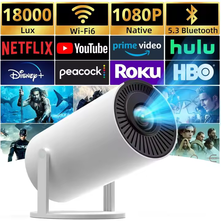 Proyector Keystone automático con WIFI y Bluetooth, Pericat proyector portátil giratorio de 210 ° , 18000L nativo de cine en casa 1080P, proyectores de películas al aire libre última intervención compatibles - 1