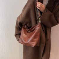 Bolso de hombro Vintage para mujer, bandolera de cuero PU de Color sólido, sencillo, con correa ancha, para ir de compras - details 5