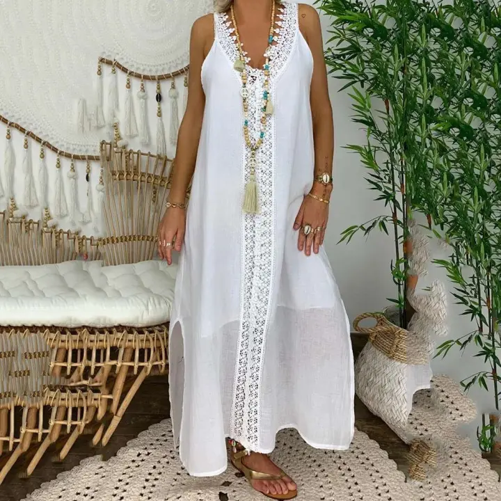 Verano largo sin mangas retro elegante, cuello en V para mujer. - 1