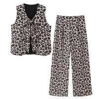 TRAFZA Conjunto de 2 piezas para mujer, pantalones largos con cremallera, traje informal suelto elegante vintage con estampado de leopardo sin mangas con cuello en V - details 2