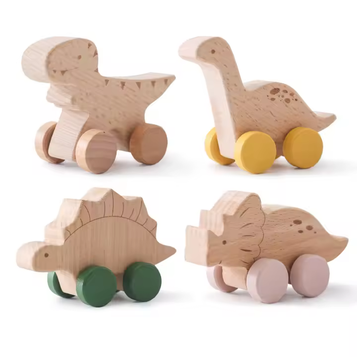 Juguete educativo Montessori para bebé, juguete de madera de haya, bloque de dinosaurio de dibujos animados, coche, juego de - 1