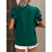 Jersey Elegante De Color Rojo Rosa Para Mujer, Blusa Informal Con Cuello En V Y Mangas Con Volantes De Doble Capa, Top De Color Sólido - details 31