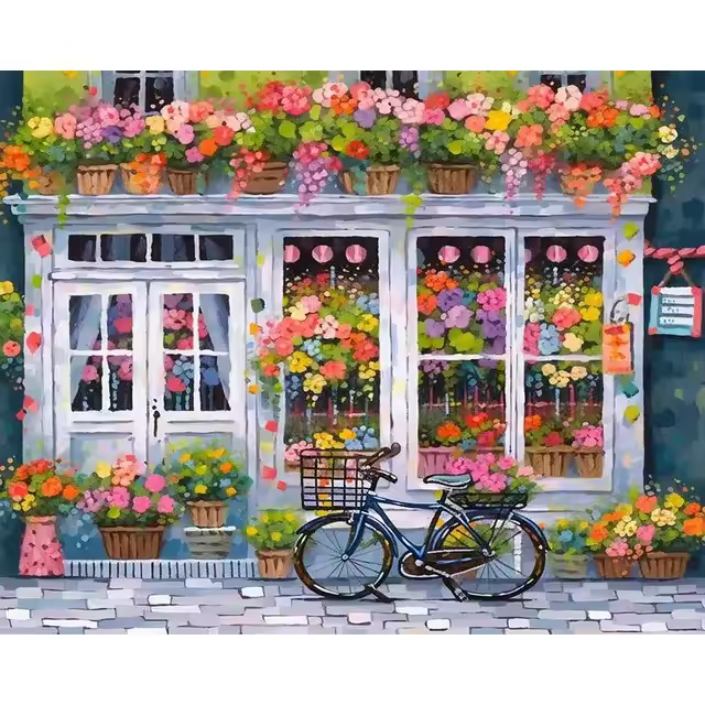 RUOPOTY Kit de Pintura al Número Paisaje de Casa Moderno en Lienzo Dibujo de Bicicleta - 1