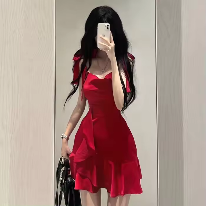 Nueva hoja de loto elegante chica caliente vestido rojo pequeño verano puro deseo viento cintura adelgazante Falda corta para mujeres - 1