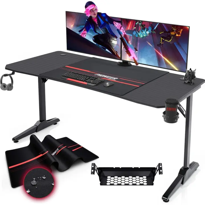 Mesa de 180 cm para Videojuegos, Mesa ergonómica para Ordenador, con Caja para Guardar Cables, Soporte para Bebidas y Soporte para Auriculares, en Forma de T (Negro, 180 x 70 x 75 cm) - 1