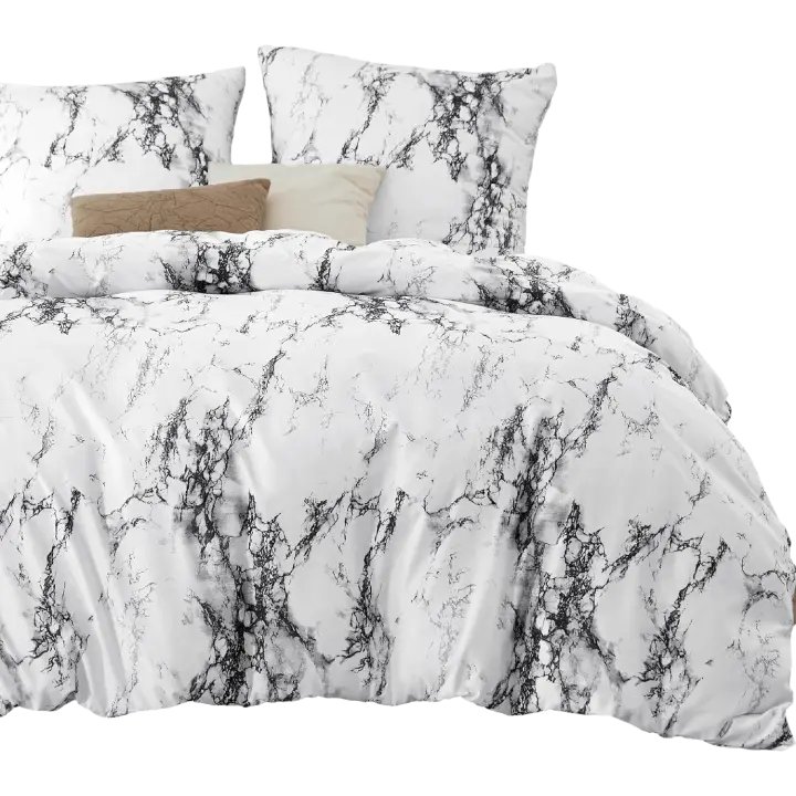 Ropa de cama microfibra [3 Piezas] – Juego de cama con estampado de mármol con cremallera y 2 fundas de almohada [Blanco negro - 220x200cm] - 1