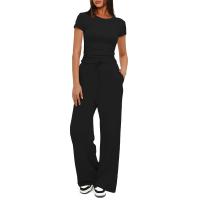 Conjuntos de 2 piezas para mujer, Tops fruncidos de manga corta y pantalones de pierna ancha, chándal a juego, trajes de mujer - details 1