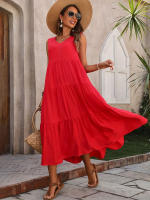 Vestido Boho sin Mangas de Verano 2024 Cuello en V, Color Sólido, Vestido de Flecos en Capas - details 3