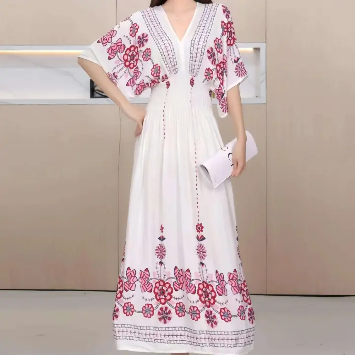 Vestido de fiesta bohemio nuevo Midi a rayas colorido con cuello en V cintura elástica falda con vuelo grande ropa juvenil para mujer - 1