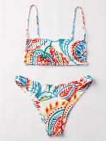 Traje De Baño Con Lazo En La Espalda Y Tirantes Finos Con Estampado De Plantas, Bikini De 2 Piezas De Punto Acanalado Colorido - details 1