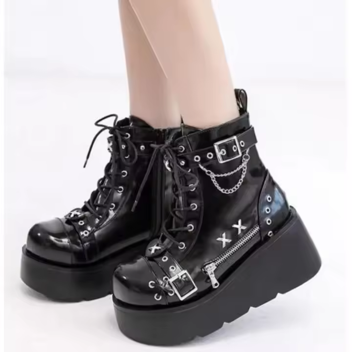 Night Knight Original Martin Boots Spice Girl Cabeza redonda de suela gruesa Super Cool Botas cortas Hebilla Botas Martin decorativas con cordones - 1