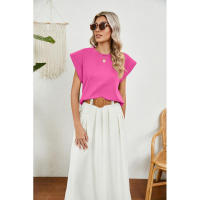 BUNO-2025 Tops para mujer, pantalón corto informal de moda de verano, camisetas básicas con textura a rayas de Color sólido y cuello redondo - details 55
