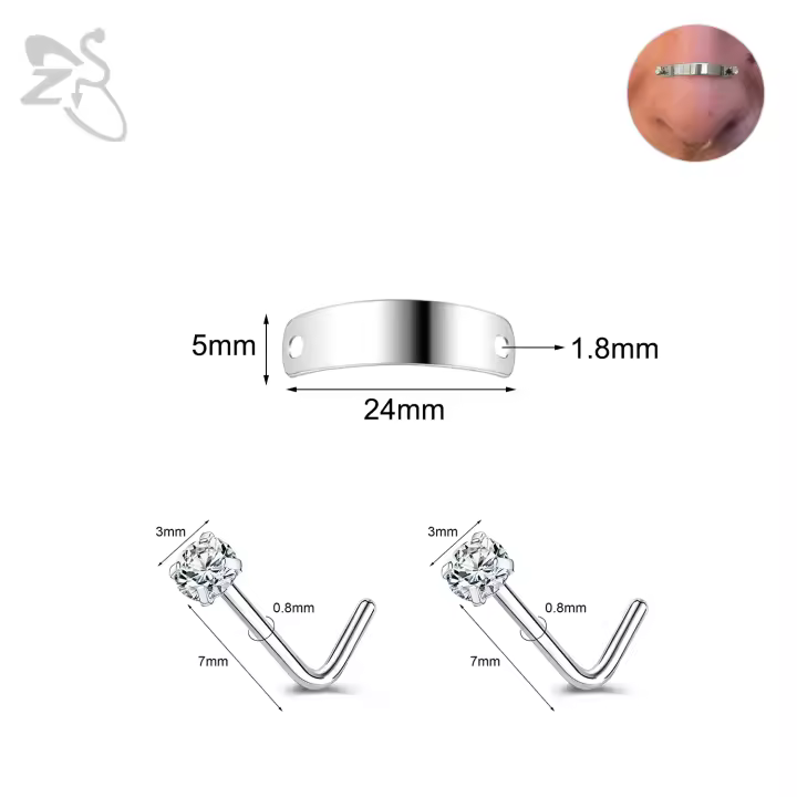 ZS 1 Juego de Piercing de nariz de acero inoxidable de 24/30/35/40/45/50MM para hombres y mujeres, Piercings de puente de nariz ajustables Punk, joyería para el cuerpo - 1