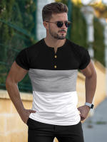 Camiseta deportiva informal de manga corta de verano para hombre, con costuras tricolores y cuello en V con muescas, estilo Henry - details 6