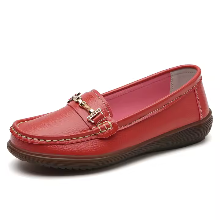 Mocasines planos de cuero para mujer, zapatos sin cordones con hebilla de Dios, color rojo, a la moda - 1