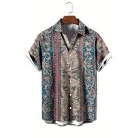 Camisa retro con estampado de ángulos para hombre, manga corta con botones, tejido transpirable, ligero. Perfecto para el verano, vacaciones al aire libre. - details 2