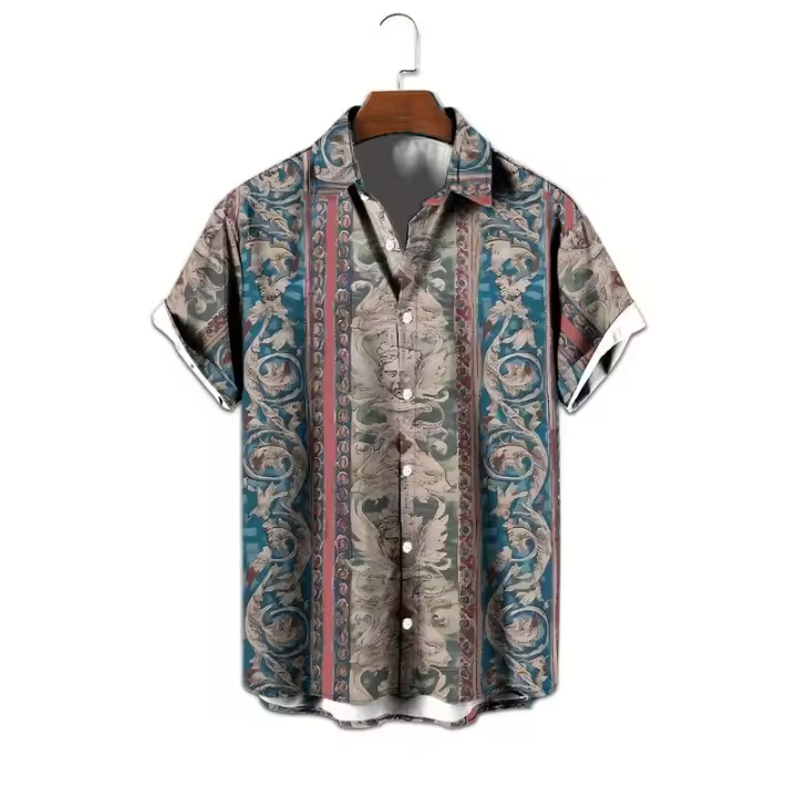 Camisa retro con estampado de ángulos para hombre, manga corta con botones, tejido transpirable, ligero. Perfecto para el verano, vacaciones al aire libre. - 1