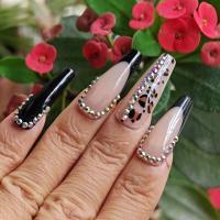Set De Uñas Postizas Largas En Forma De Cofrinha Con Diseño De Leopardo Y Joyas 24pcs Negro Estilo Francesa Para Dedos - details 3