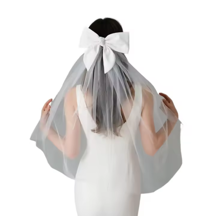 Tocado de boda elegante para novia, tul de malla de doble capa, Color blanco, velo de novia corto con Clip, tocado de novia con cinta - 1