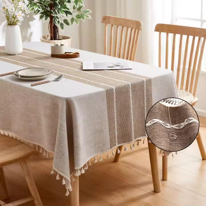 Suministros para fiestas, mantel rústico de arpillera, cubierta de mesa portátil impermeable con borla, protector de mesa, cocina y comedor - 1