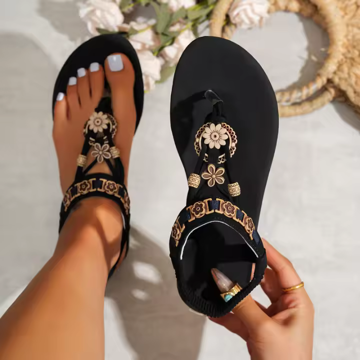 Sandalias informales transpirables planas para mujer, versátiles, a la moda, con cuentas, estilo étnico, de talla grande, novedad de verano - 1