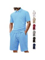 Verano de los hombres nuevo casual solapa suelta jacquard conjunto de camisa de polo de manga corta para hombres. - details 3