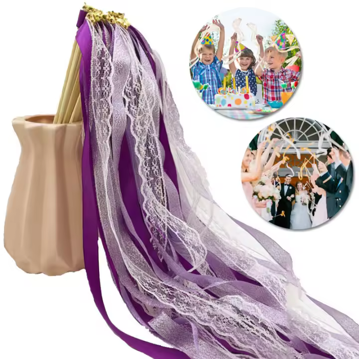 Varitas de cinta para boda, palo con campana, cinta de encaje, serpentinas giratorias, palo de hadas, fiesta de cumpleaños, decoración de boda, 10/20/50 piezas - 1