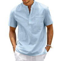Camisa De Algodón Y Lino Para Hombre Estilo Casual Vintage Con Bolsillo Y Cuello Henley Camiseta De Color Sólido Para Playa Y Calle - details 5