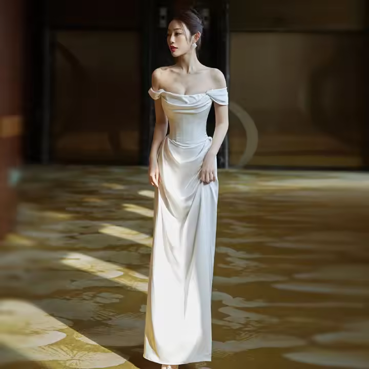 Elegante Vestido de Novia de Sátin Blanco Ajuste Delgado, Cola de Pescado, Temperamento de Lujo Ligero Moda de Mujer - 1