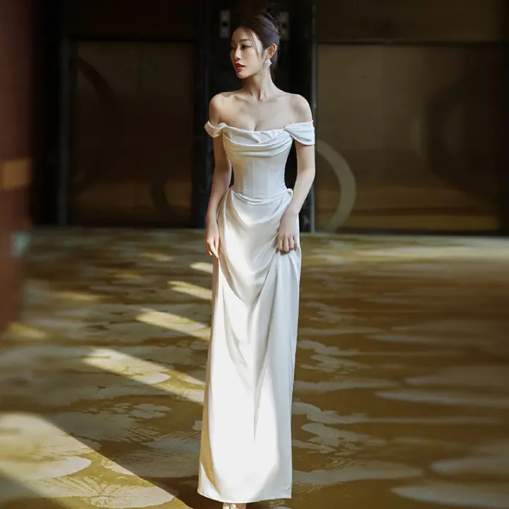 Elegante Vestido de Novia de Sátin Blanco Ajuste Delgado, Cola de Pescado, Temperamento de Lujo Ligero Moda de Mujer - 1