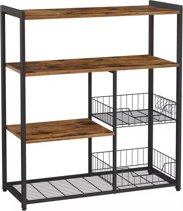 Estantería de Cocina con 2 Cestas de Malla Metálica, Estantería para Microondas, con Estantes y Ganchos, 35 x 80 x 95 cm, Estilo Industrial, Marrón Rústico y Negro - 1