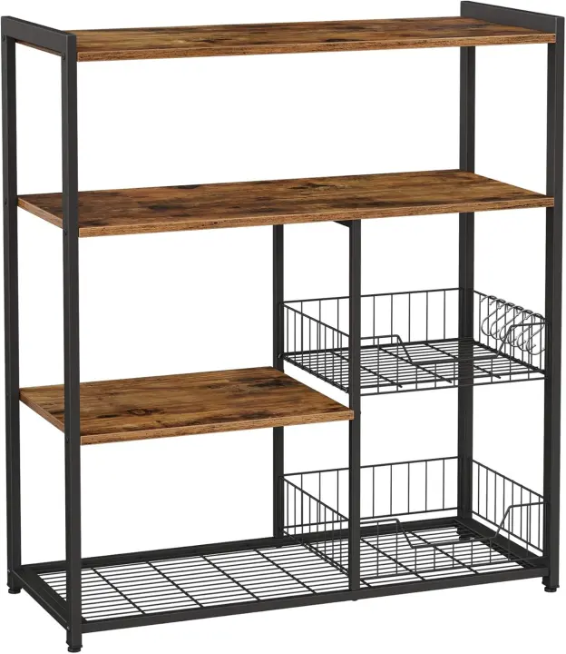 Estantería de Cocina con 2 Cestas de Malla Metálica, Estantería para Microondas, con Estantes y Ganchos, 35 x 80 x 95 cm, Estilo Industrial, Marrón Rústico y Negro - 1