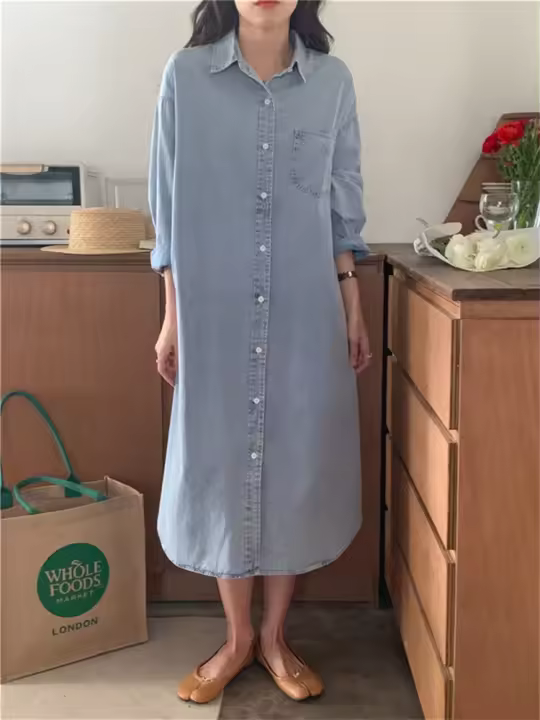 Primavera Verano mujer Casual Denim camisa vestido suelto manga larga cárdigan vestido Corea señoras mujer Denim camisa vestidos largos - 1