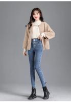 Pantalones vaqueros térmicos de lana gruesa para mujer, Vaqueros ajustados cálidos de cintura alta, pantalones pitillo con botones elásticos, pantalones vaqueros informales de terciopelo para mamá - details 18