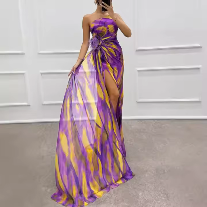 Vestido largo estampado a la moda, novedad de 2025, vestido con abertura estampado de gasa de temperamento, vestido largo informal de fiesta para mujer - 1
