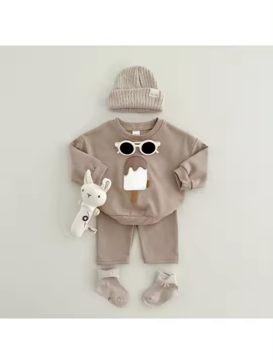 Conjunto de dos piezas de lindo helado para niños y niñas, nuevos pantalones de manga larga, conjunto de bebé, ropa deportiva informal, modelos de otoño e invierno - 1