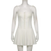 Mini vestido sin mangas corsé ajustado cinturilla plisada encaje blanco moda urbana de alta gama - details 5